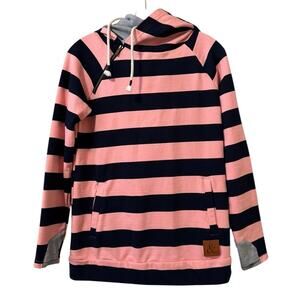 Ampersand Avenue Medium Double Hood Pink Navy Striped Sweatshirt Nautical Casual